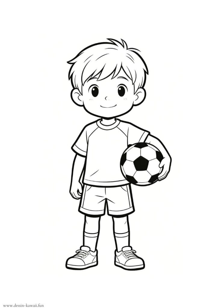 Coloriage d'un jeune garçon souriant en tenue de football qui tient un ballon de foot sous le bras, habillé d'un t-shirt, short, chaussettes et baskets