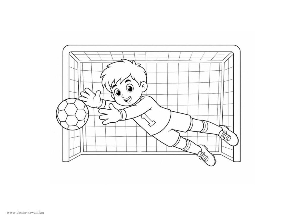 Coloriage d'un gardien de but numéro 1 en plein plongeon qui attrape un ballon de football devant ses cages, gants de gardien aux mains, expression souriante