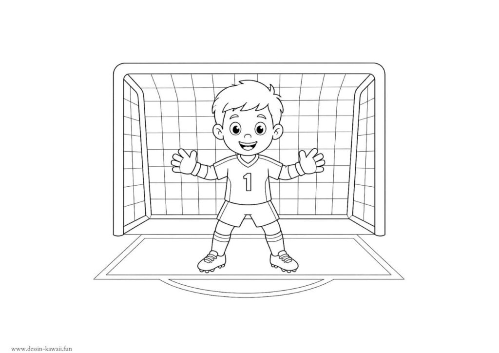 Coloriage d'un gardien de but souriant portant le numéro 1 et des gants de gardien, positionné dans ses cages en position d'attente, bras écartés, sur un terrain de football