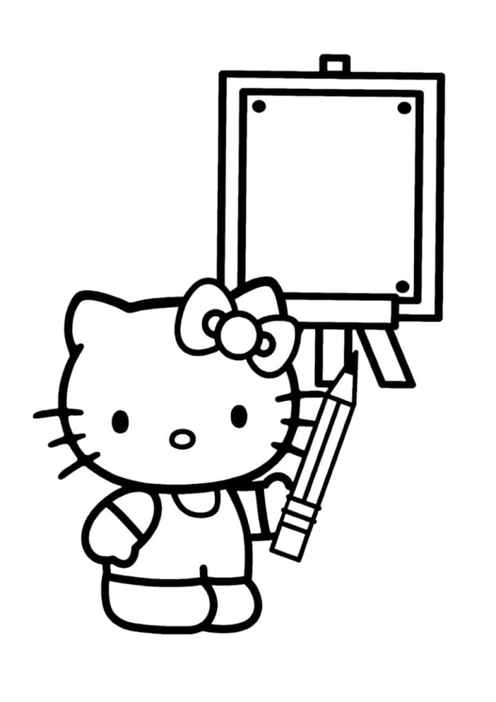Coloriage Hello Kitty avec nœud sur l'oreille, tenant un grand crayon devant un chevalet avec toile vierge, habillée en salopette, thème dessin et peinture