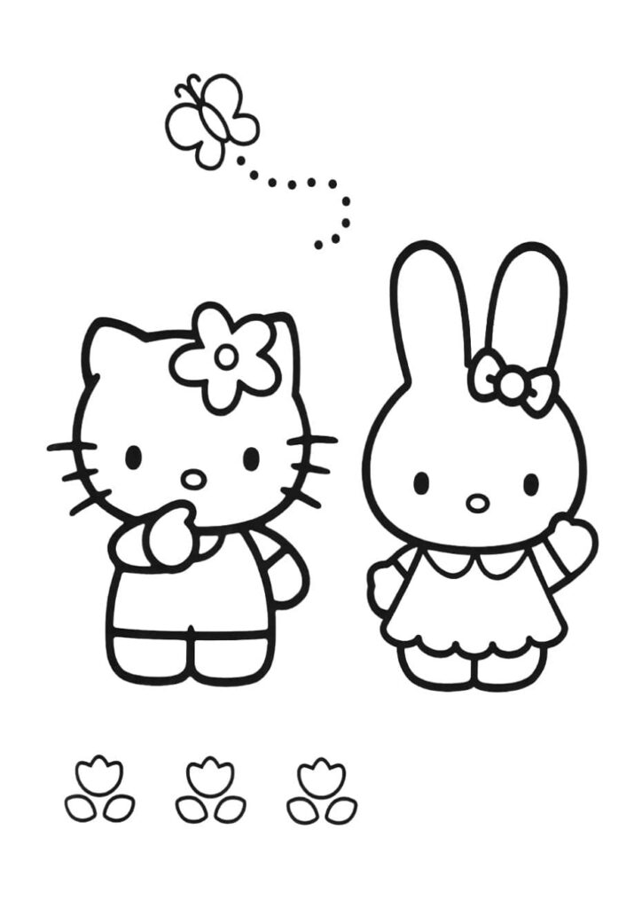 Coloriage Hello Kitty debout avec une fleur dans les cheveux à côté de son amie Kathy aux grandes oreilles portant un nœud, un papillon vole au-dessus et des tulipes décorent le bas, dessin à colorier