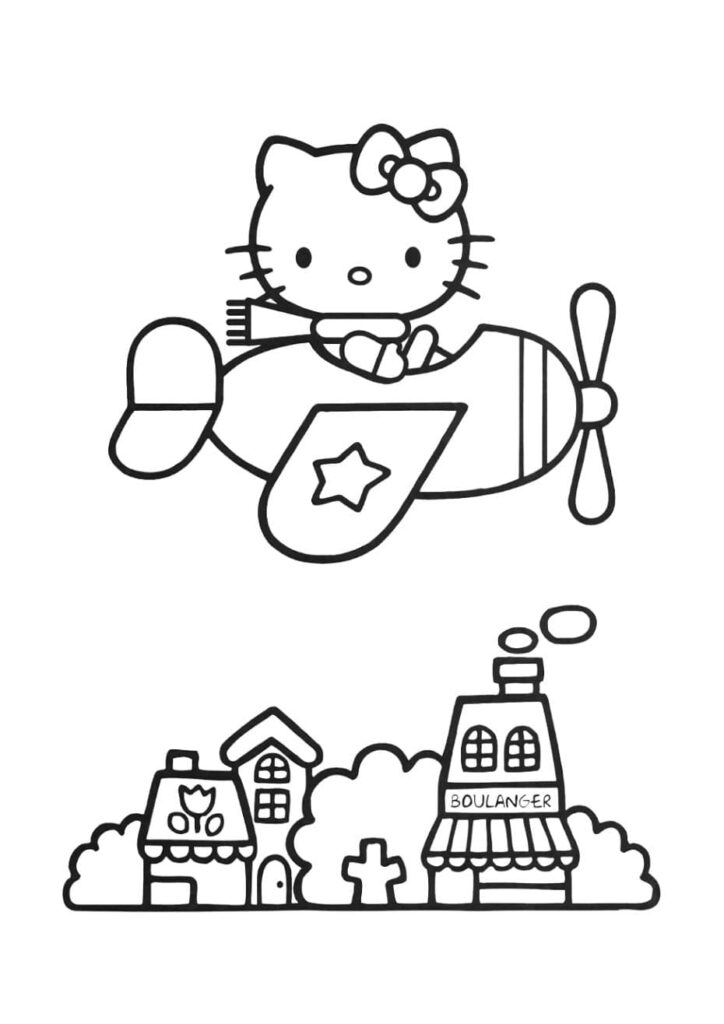 Coloriage Hello Kitty aux commandes d'un petit avion étoilé survolant un village avec des maisons, des arbres et une boulangerie, dessin à colorier pour enfants