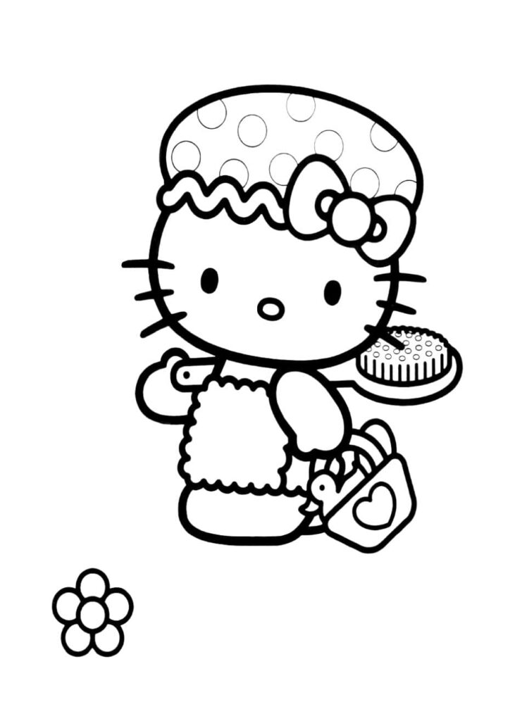 Coloriage Hello Kitty portant un bonnet de bain à pois et une serviette, tenant une brosse et un canard en plastique, dessin à colorier pour enfants