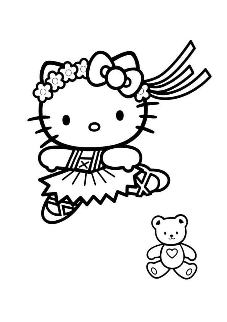Coloriage Hello Kitty déguisée en danseuse ballerine avec un tutu, une couronne de fleurs et un nœud, à côté d'un petit ours en peluche, dessin à colorier pour enfants