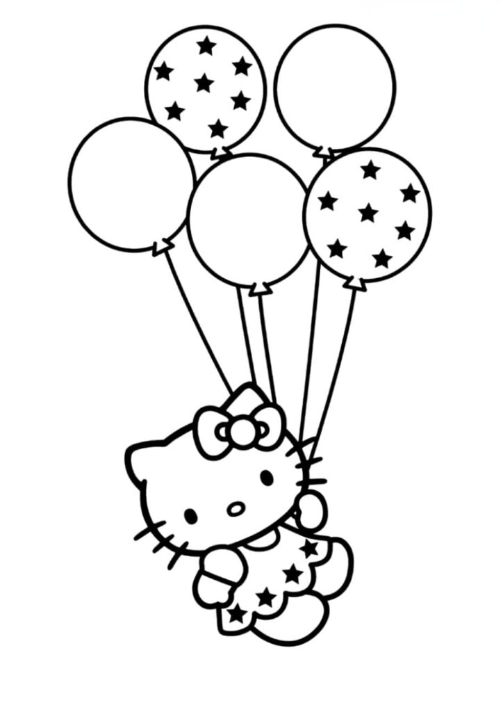 Coloriage Hello Kitty soulevée par cinq ballons ronds dont certains sont décorés d'étoiles, dessin noir et blanc à imprimer pour enfants