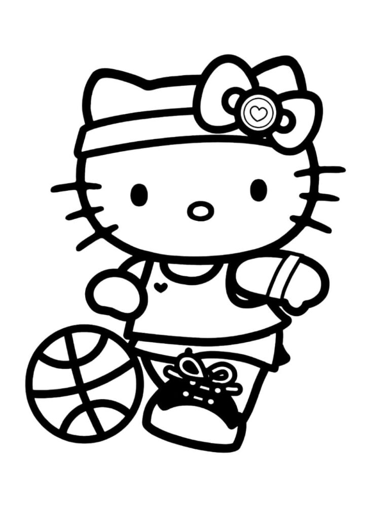 coloriage Hello Kitty en tenue de sport avec casquette et ballon de basketball, à imprimer gratuitement pour enfants