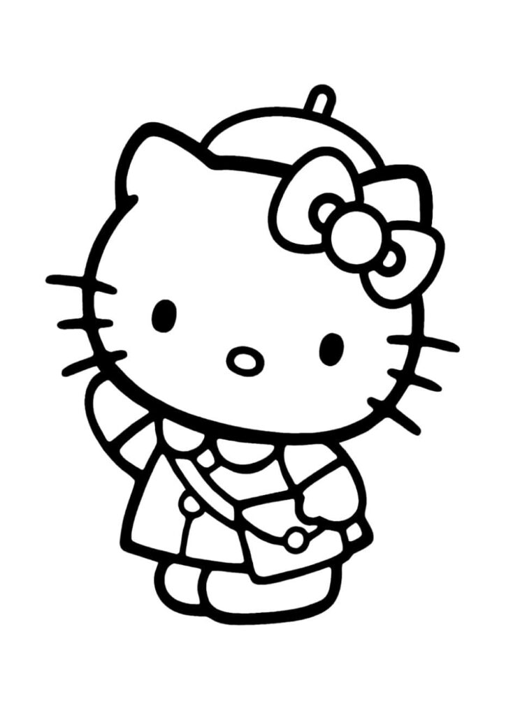 Coloriage Hello Kitty portant un béret sur la tête et un manteau avec col rond et boutons, nœud sur l'oreille droite, à colorier pour enfants