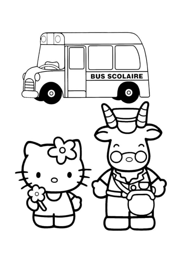 Coloriage Hello Kitty tenant une fleur devant un bus scolaire, accompagnée du personnage bus driver avec lunettes et cornes rayées portant une sacoche, thème rentrée scolaire