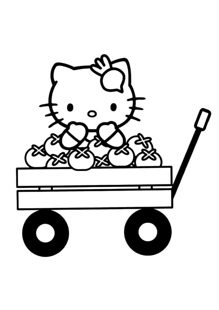 Coloriage Hello Kitty assise dans une charrette en bois à deux roues remplie de pommes ou tomates, tenant deux fruits dans ses bras, nœud sur l'oreille, thème récolte et nature