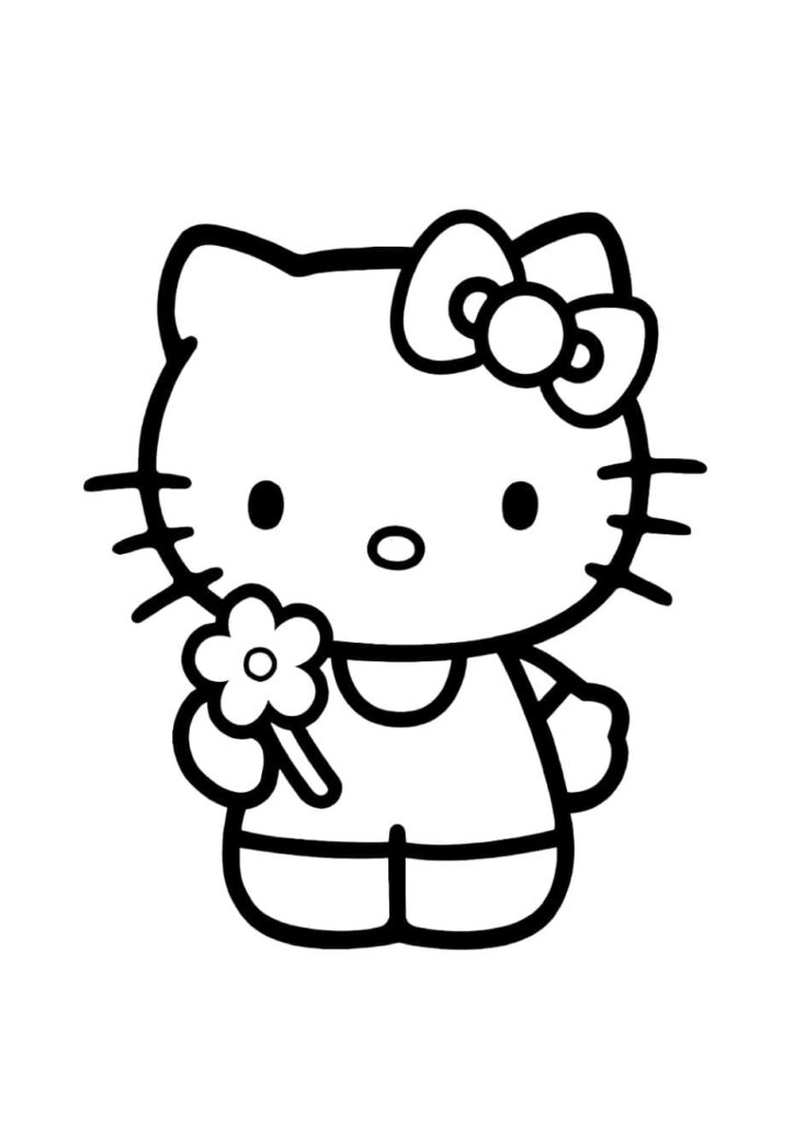 Coloriage Hello Kitty classique debout de face tenant une petite fleur, avec son grand nœud caractéristique, dessin simple à colorier pour les petits