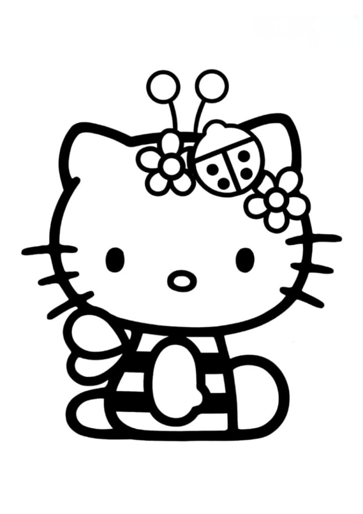 Coloriage Hello Kitty assise portant un déguisement de coccinelle avec antennes rondes et fleurs dans les cheveux, dessin à colorier en noir et blanc