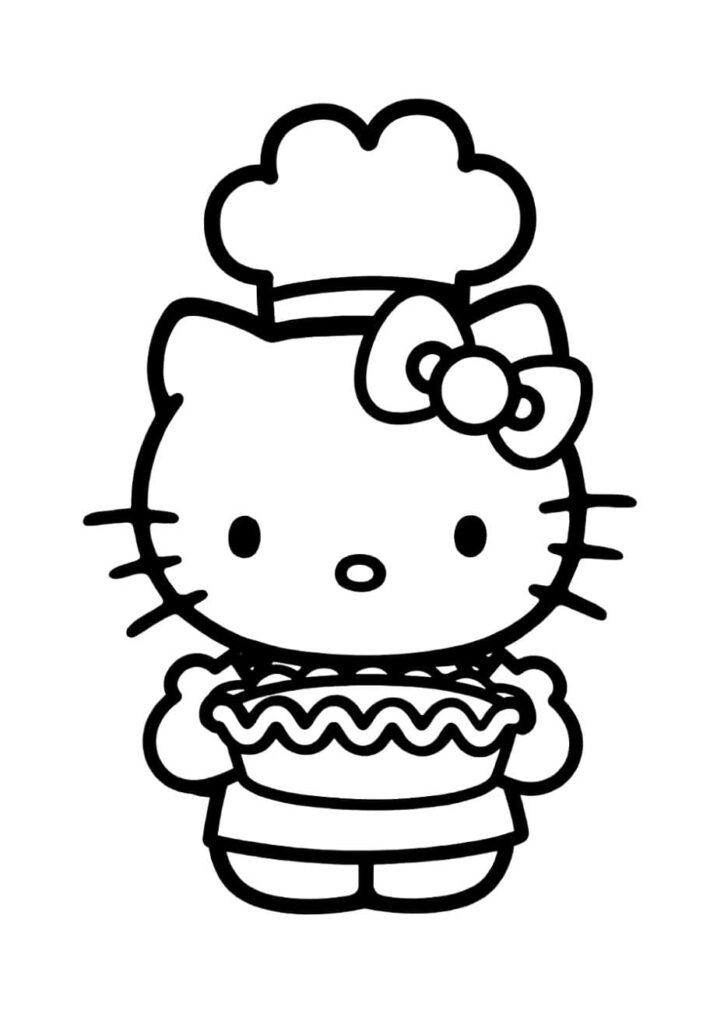 Coloriage Hello Kitty habillée en chef cuisinier avec une grande toque blanche, tenant une tarte avec bordure festonnée, nœud sur l'oreille, à colorier pour enfants
