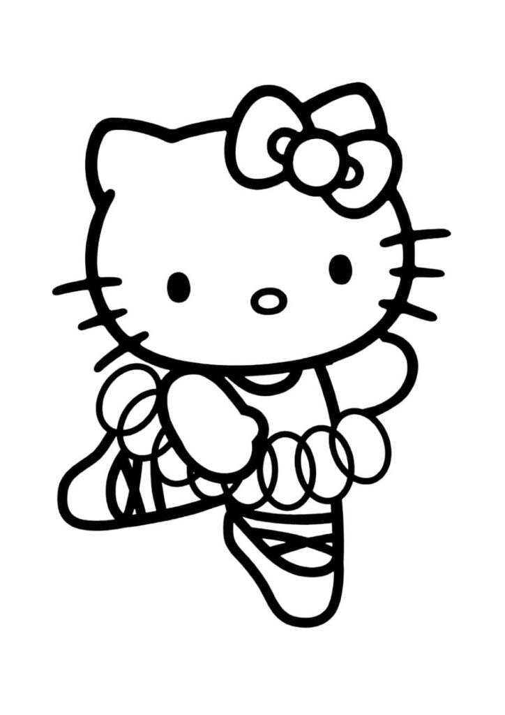 Coloriage Hello Kitty en costume de ballerine, portant un tutu à volants superposés et des chaussons de danse à lacets, en position de danse avec une jambe levée, nœud sur l'oreille