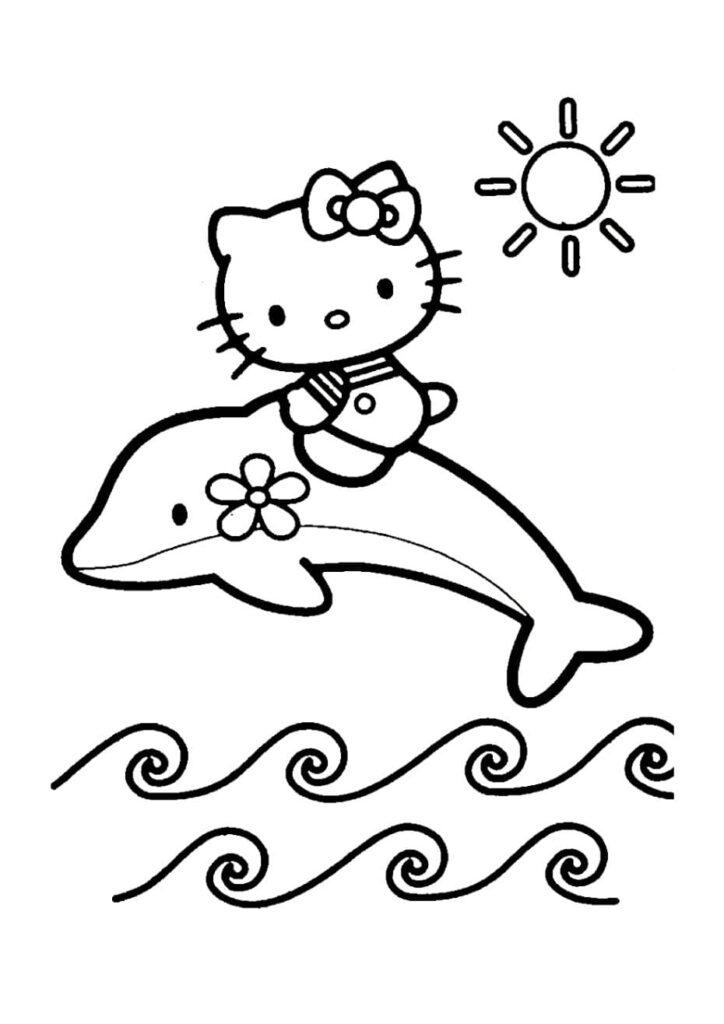 Coloriage Hello Kitty chevauchant joyeusement un dauphin décoré d'une fleur, avec des vagues stylisées et un soleil rayonnant en arrière-plan, dessin à colorier pour enfants