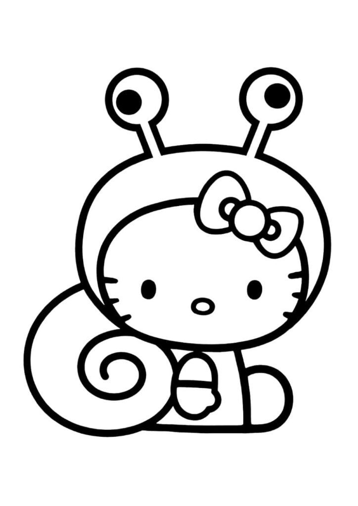 Coloriage Hello Kitty portant un costume d'escargot avec antennes et coquille spirale, à colorier et imprimer gratuitement pour enfants