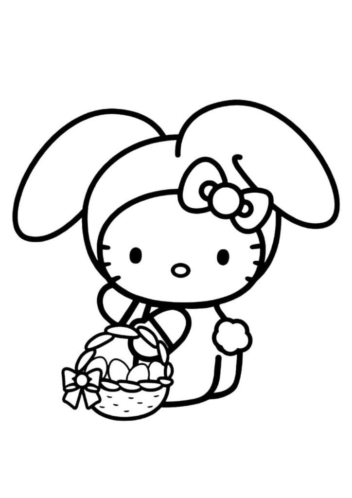 Coloriage Hello Kitty portant un costume de lapin avec grandes oreilles et tenant un panier d'œufs de Pâques, à imprimer gratuitement