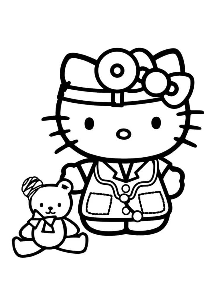 coloriage Hello Kitty habillée en médecin avec miroir frontal, à côté d'un petit ourson avec un bandage sur la tête, à imprimer gratuitement