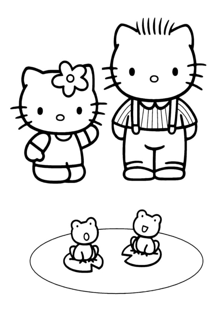 Coloriage à imprimer Hello Kitty avec nœud fleur et son ami Dear Daniel en salopette, observant deux petites grenouilles assises sur des nénuphars dans une mare