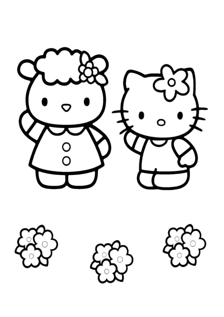 Coloriage Hello Kitty et son amie Fifi la petite brebis debout entourées de bouquets de fleurs, dessin à colorier pour enfants