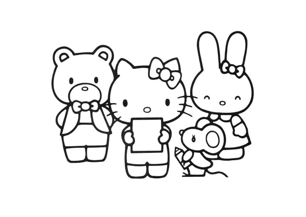 Coloriage Hello Kitty tenant une feuille entourée de ses amis : Tippy l'ours avec un nœud papillon, Kathy avec un nœud et Joey tenant un crayon, dessin à colorier pour enfants