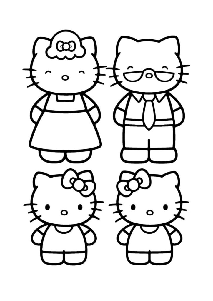 Coloriage portrait de famille Hello Kitty avec sa mère, son père en cravate, Hello Kitty et sa sœur jumelle Mimmy, dessin à colorier