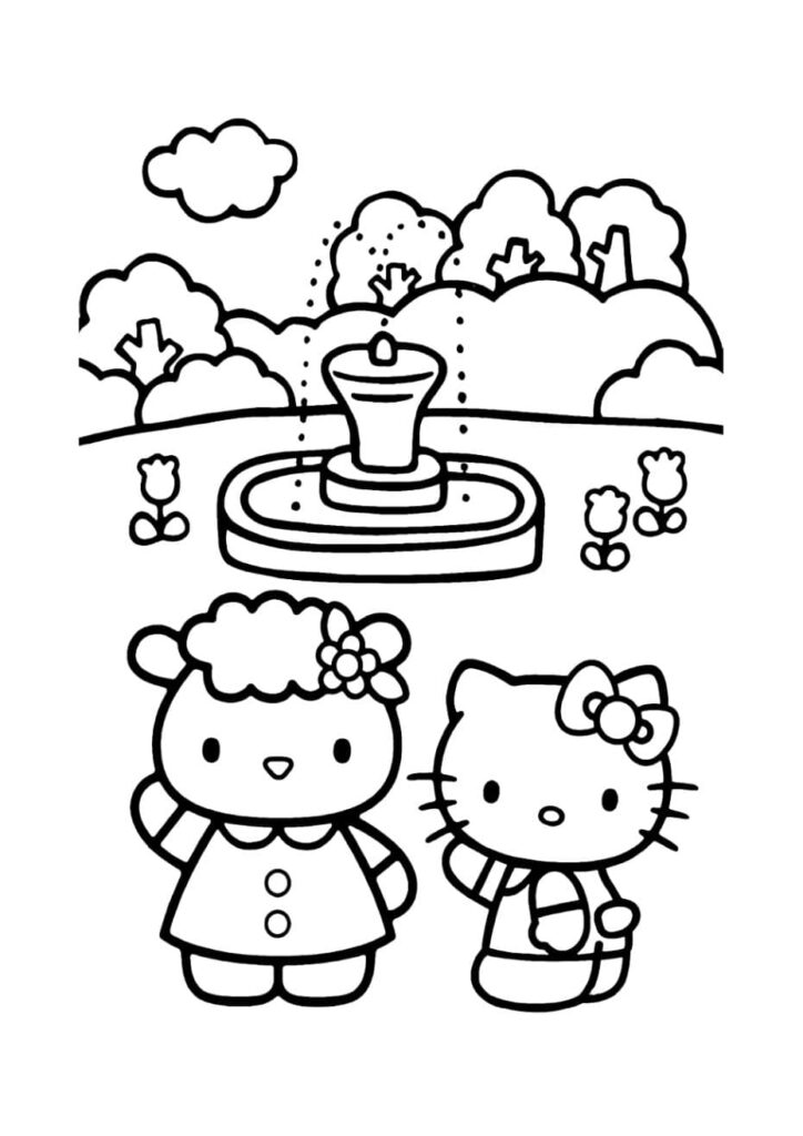 Coloriage Hello Kitty et Fifi l'agneau devant une fontaine dans un parc avec des arbres et des tulipes, dessin à colorier