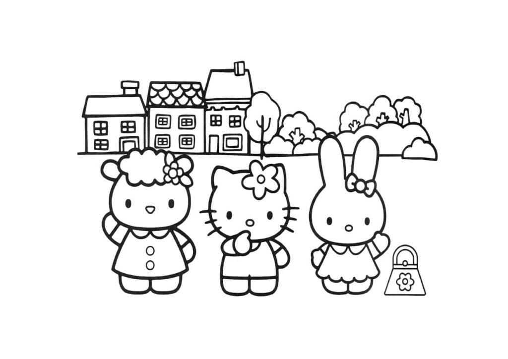 Coloriage Hello Kitty avec Fifi la petite brebis aux cheveux bouclés et un lapin portant un sac à fleur, tous trois devant un village avec deux maisons et des arbres, dessin à colorier pour enfants