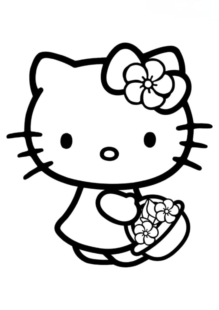 Coloriage Hello Kitty tenant un panier de fleurs avec une grande fleur dans les cheveux, dessin noir et blanc à colorier pour enfants