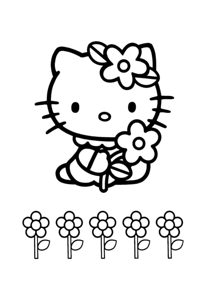 Coloriage Hello Kitty assise tenant une grande fleur dans les bras, avec une fleur dans les cheveux et cinq petites fleurs alignées en dessous, dessin à colorier