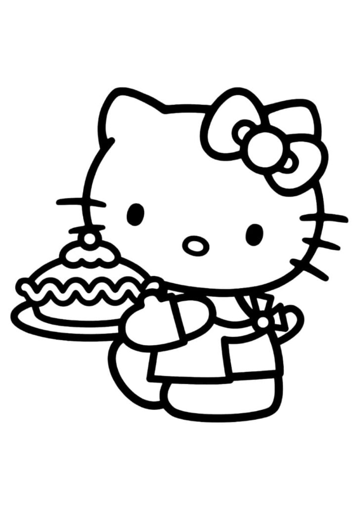 coloriage Hello Kitty portant un gâteau décoré sur un plateau, avec son nœud papillon, à colorier et imprimer pour enfants