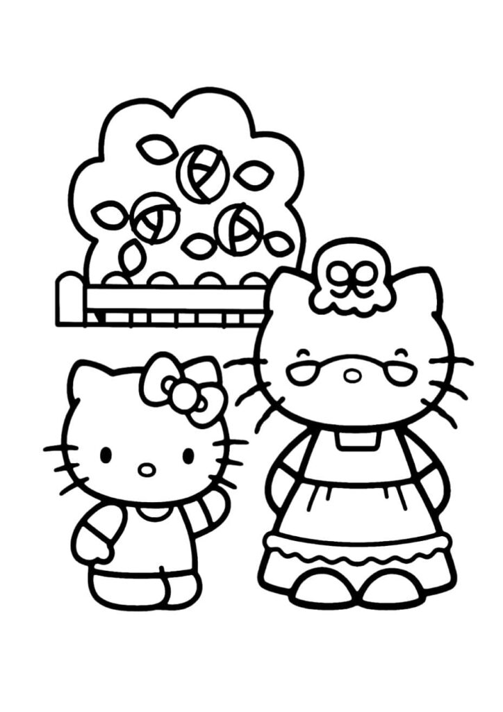 Coloriage Hello Kitty avec sa grand-mère Grandma dans un jardin devant un arbre fruitier, dessin à colorier pour enfants