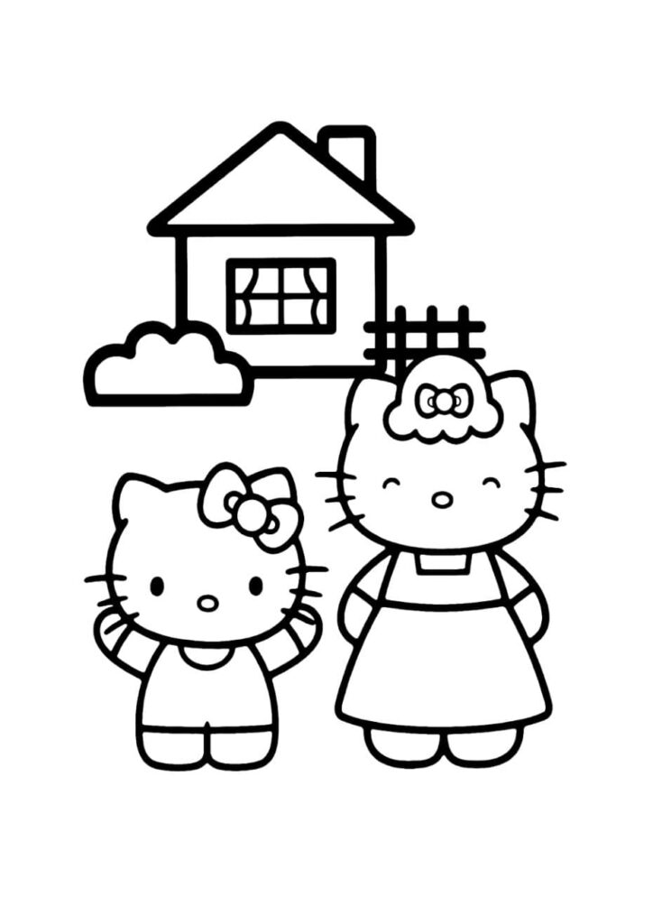 Coloriage Hello Kitty avec sa grand-mère aux cheveux bouclés et tablier, debout devant une maison avec une fenêtre et un nuage, dessin à colorier pour enfants