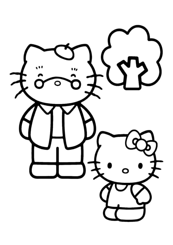 Coloriage Hello Kitty avec son grand-père Grandpa portant des lunettes et un veston, debout sous un arbre, dessin à colorier