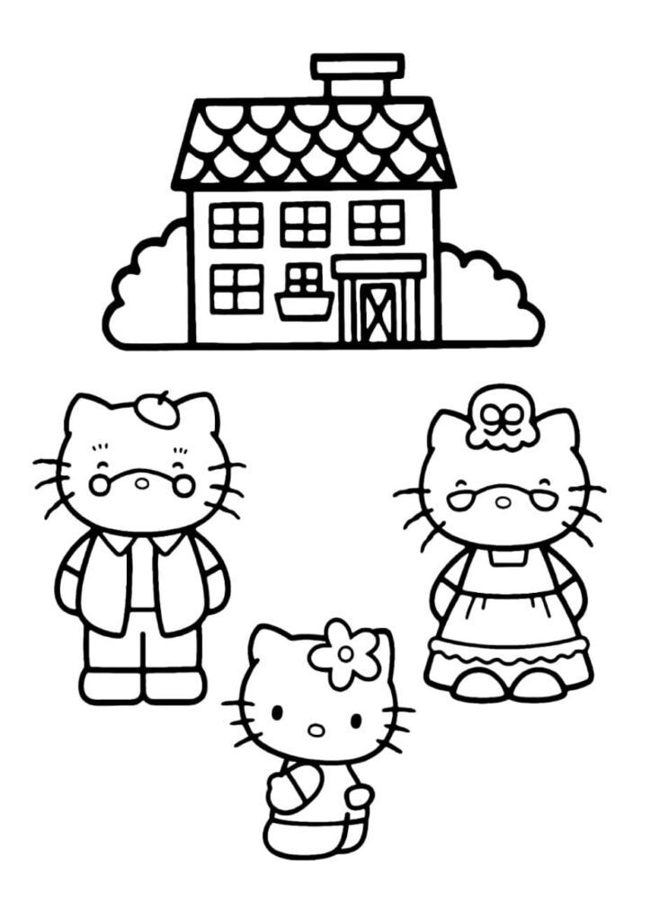 Coloriage Hello Kitty avec ses grands-parents devant une maison à deux étages avec des buissons, dessin à colorier pour enfants