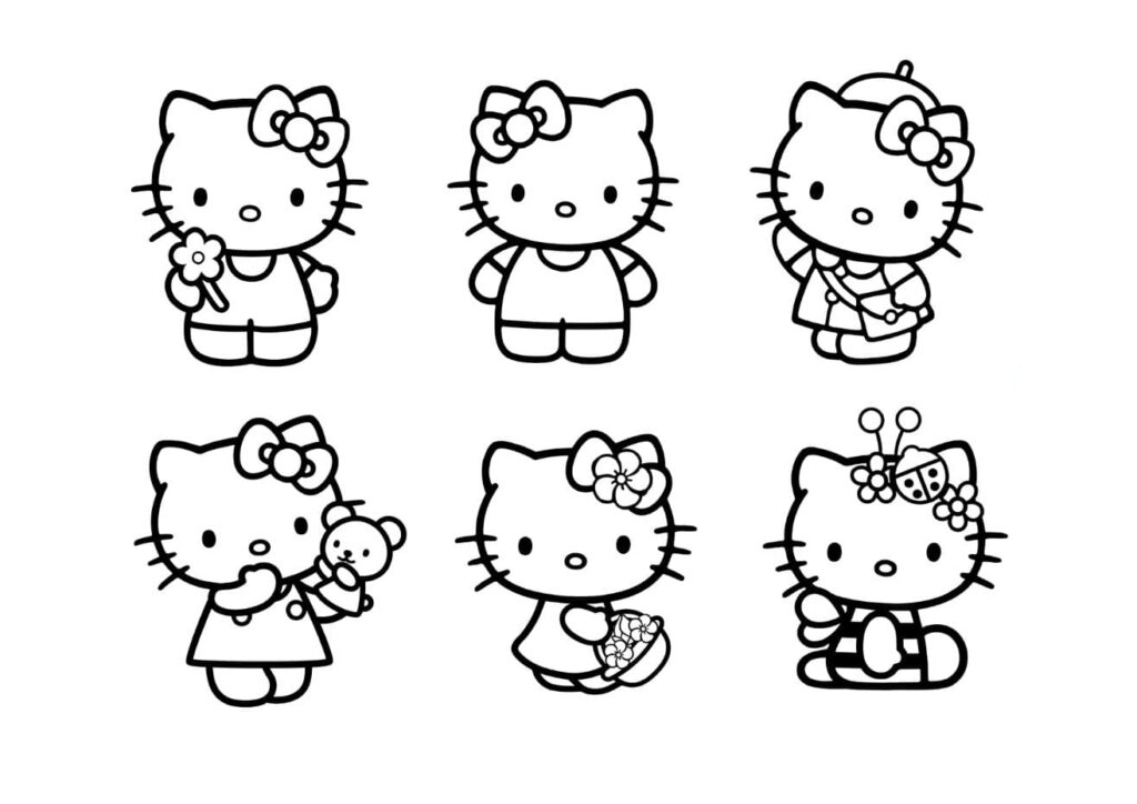 Planche de 6 coloriages Hello Kitty gratuits à imprimer : Hello Kitty avec une fleur, classique, avec un sac, tenant un ours en peluche, avec un bouquet, et déguisée en coccinelle avec antennes, dessins pour enfants