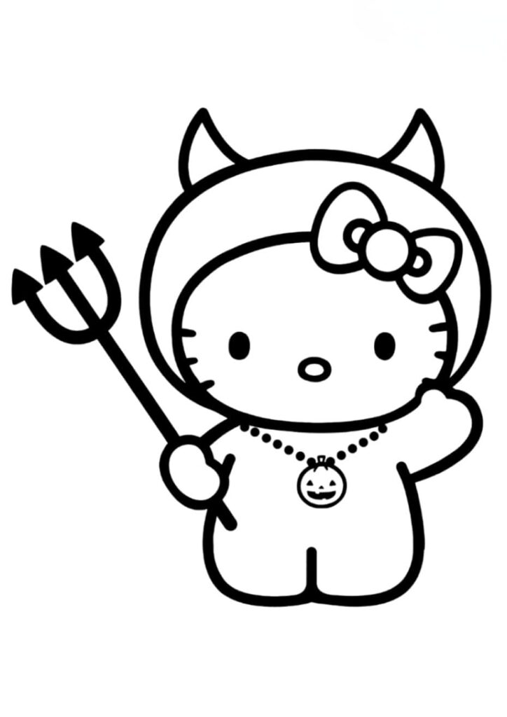 Coloriage Hello Kitty en costume de diable avec cornes, trident et pendentif citrouille d'Halloween, dessin noir et blanc à colorier