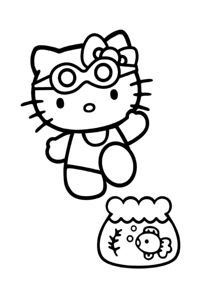 Coloriage Hello Kitty portant de grandes lunettes rondes et regardant un bocal avec un poisson rouge, dessin à colorier pour enfants