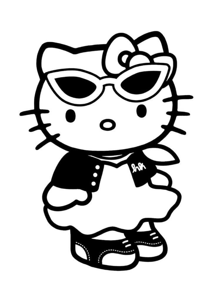 Coloriage Hello Kitty stylée avec grandes lunettes de soleil, veste noire et jupe blanche, look mode à colorier et imprimer pour enfants