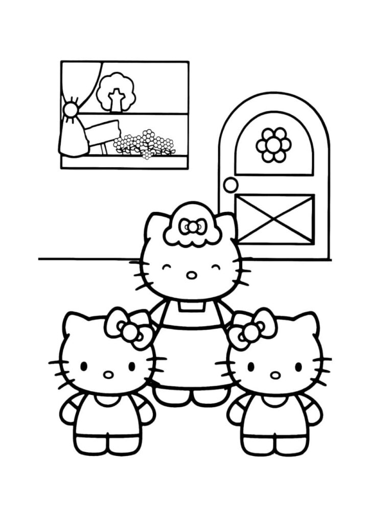 Coloriage Hello Kitty et sa sœur jumelle Mimmy avec leur mère dans une pièce de la maison avec une fenêtre donnant sur un jardin et une porte arrondie décorée, dessin à colorier