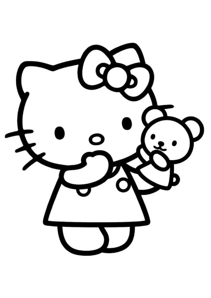 coloriage Hello Kitty tenant un petit ourson dans ses bras, avec son nœud papillon, à imprimer gratuitement pour enfants