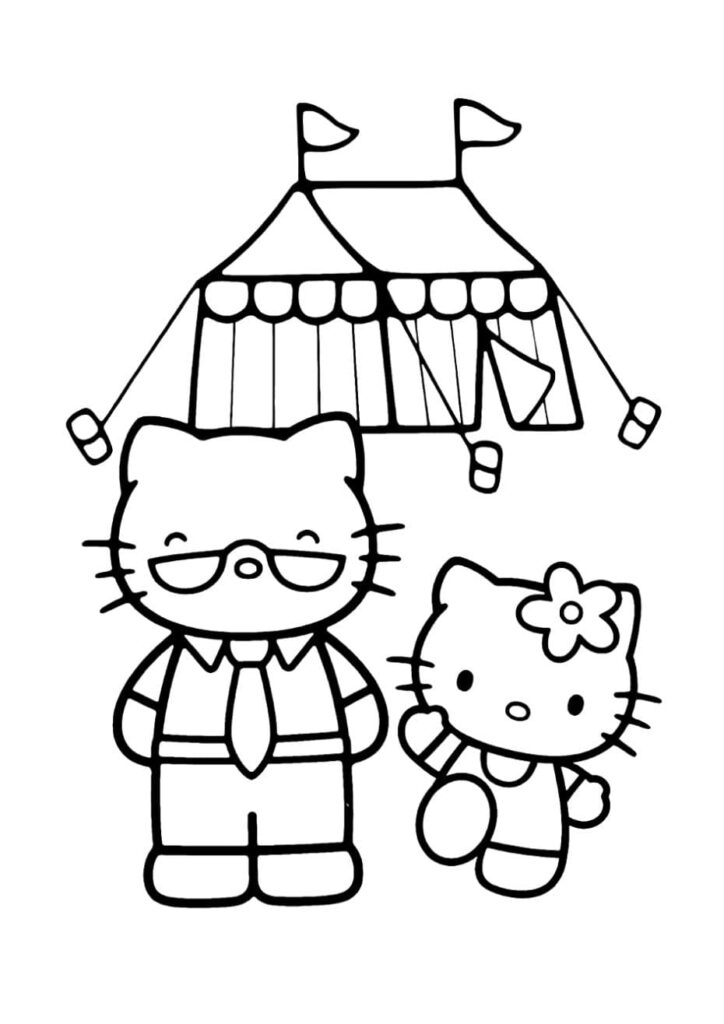 Coloriage Hello Kitty avec son père en cravate devant un grand chapiteau de cirque avec des drapeaux, dessin à colorier pour enfants