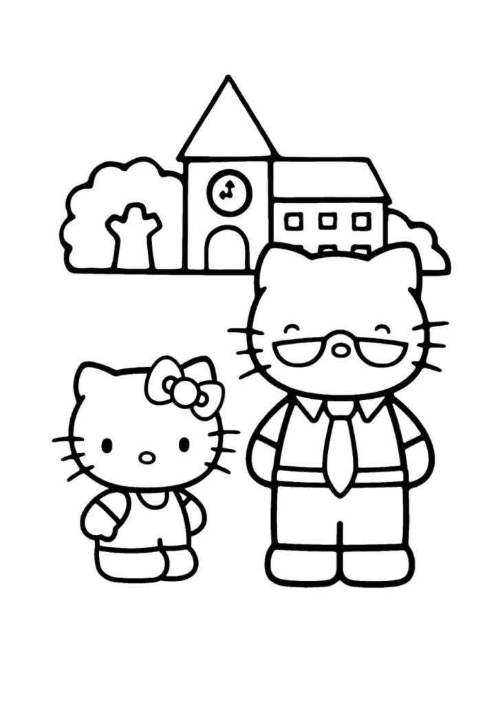 Coloriage Hello Kitty avec son père portant lunettes et cravate, devant un bâtiment avec une tour à horloge et un arbre, dessin à colorier pour enfants