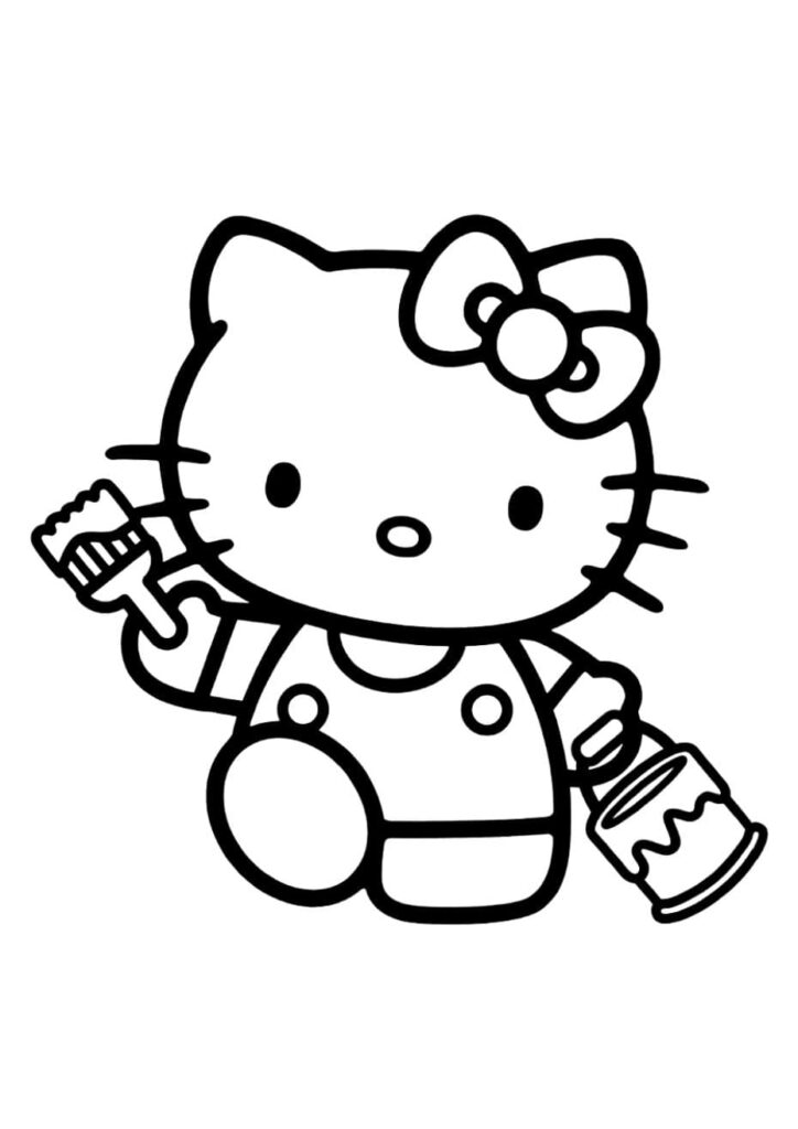 Coloriage Hello Kitty assise tenant un pinceau large dans une main et un pot de peinture dans l'autre, portant une salopette à bretelles avec boutons, nœud sur l'oreille