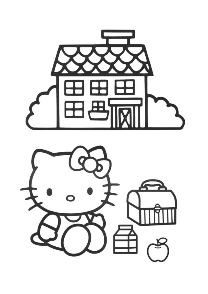 Coloriage Hello Kitty assise par terre devant une grande maison à toit en écailles, avec une boîte à lunch, une brique de lait et une pomme à côté d'elle, dessin à colorier pour enfants