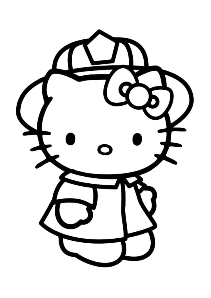 coloriage Hello Kitty habillée en pompier avec casque rouge et manteau, à colorier et imprimer gratuitement pour enfants