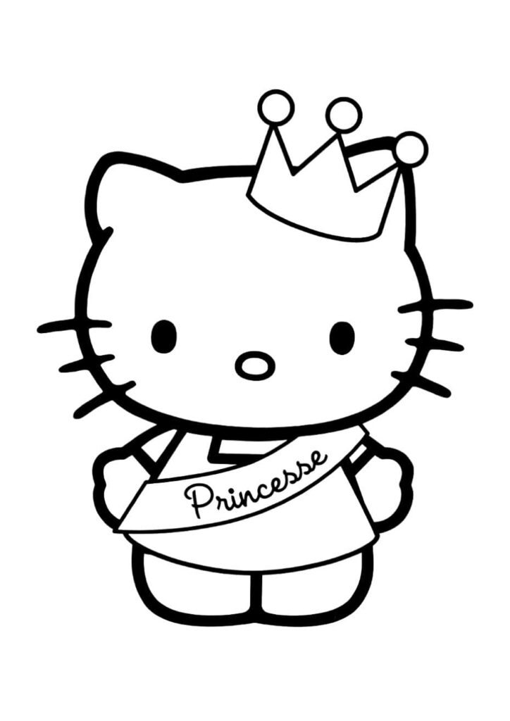 Coloriage Hello Kitty portant une couronne à trois pointes avec boules, une écharpe diagonale avec l'inscription Princesse en écriture cursive, sans nœud sur l'oreille, thème royauté
