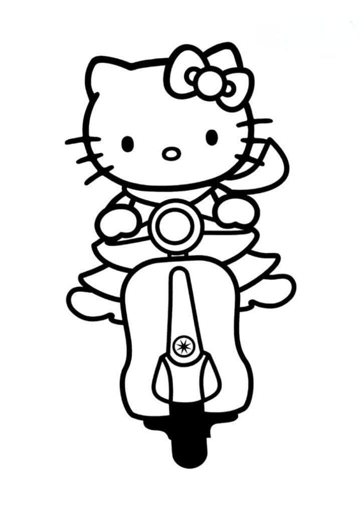 Coloriage Hello Kitty conduisant un scooter style Vespa vu de face avec nœud dans les cheveux, dessin noir et blanc à imprimer et colorier