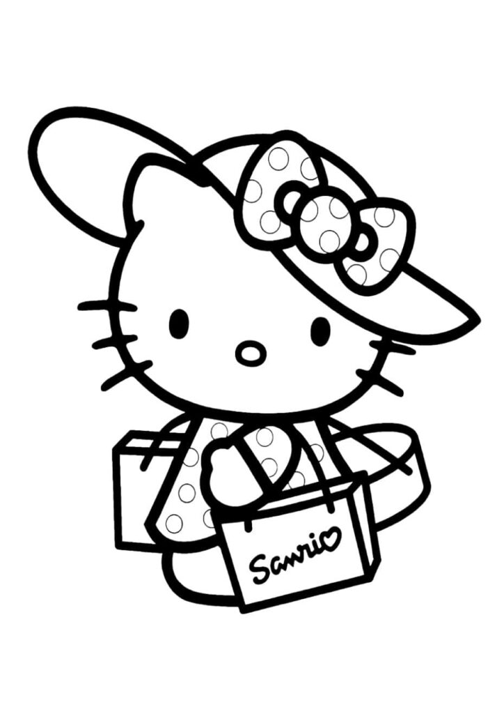 Coloriage Hello Kitty portant un grand chapeau à pois avec un nœud et tenant un sac de courses Sanrio, dessin à colorier