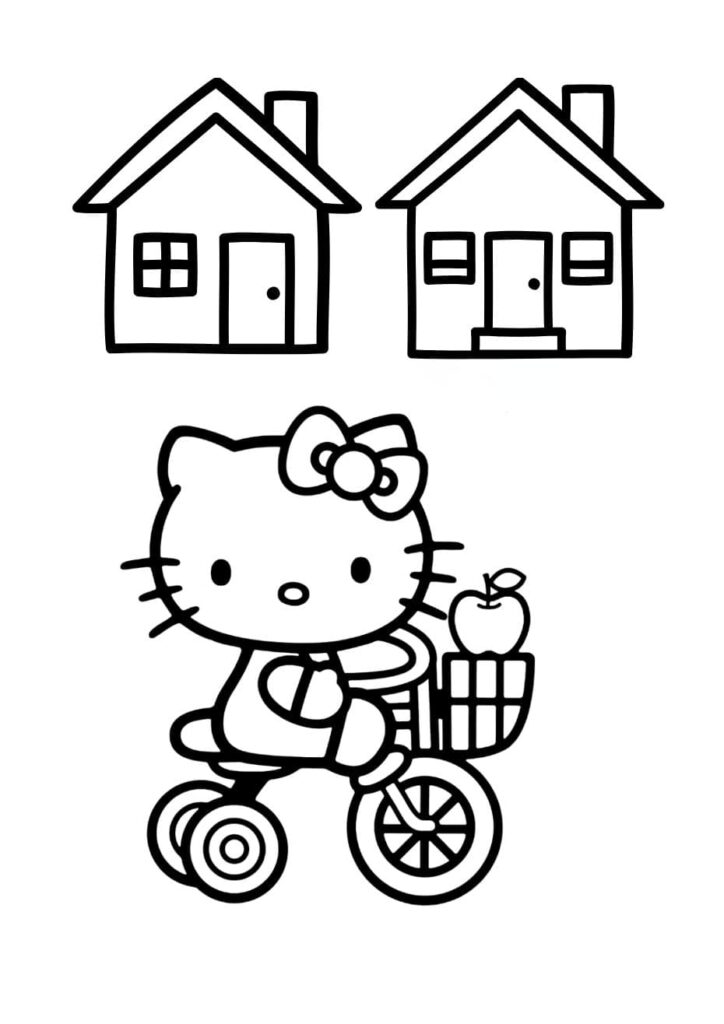 Coloriage Hello Kitty pédalant sur un tricycle avec un panier contenant une pomme, deux maisons en arrière-plan, dessin à colorier pour enfants