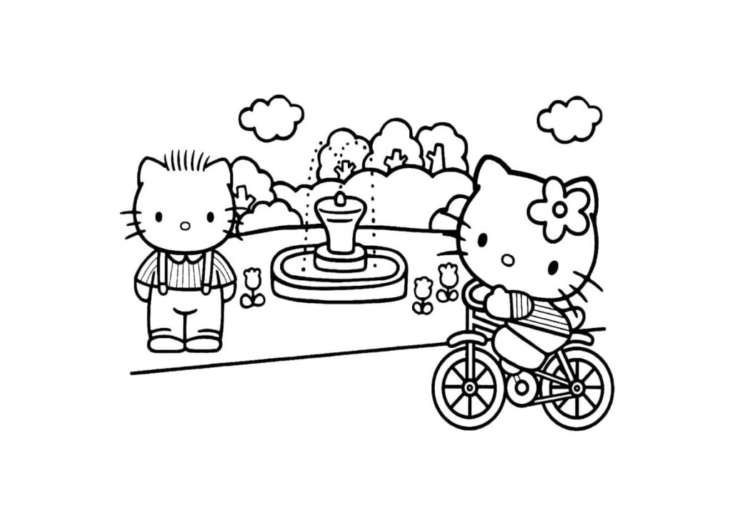 Coloriage Hello Kitty pédalant sur son vélo dans un parc avec une fontaine, des arbres et des nuages, accompagnée de Dear Daniel debout en salopette, dessin à colorier pour enfants
